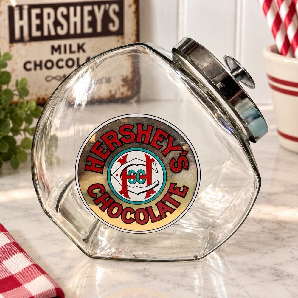 Vintage 1980s Hershey’s Chocolate Glass Tilt Candy Jar Chrome Lid Advertising